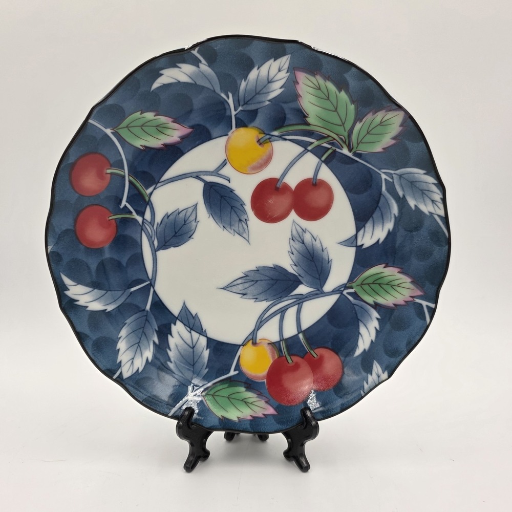 Williams Sonoma Porcelain Salad Plate Blue Red Cherry Tomatoes 1990s Japan‎ 7.5"